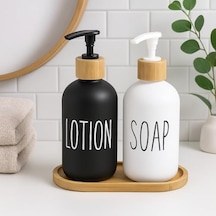 2 Li Cam Sıvı Sabunluk Ve Losyonluk Seti 500 Ml Siyah & Beyaz Boyalı Cam Bambu Kapak Ve Ahşap Altlıklı Banyo Seti Şık Ve Dayanıklı Tasarım 000 Açık Krem