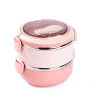 Tantitoni Pembe Paslanmaz Çelik Yuvarlak 2 Katlı Ve Kaşıklı Yemek Taşıma Kabı 850ml
