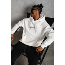 Erkek Baskılı Kapüşonlu Ve Kanguru Cepli Sweatshirt Hoodie - Beyaz Çok Renkli