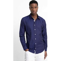 Tudors Slim Fit Uzun Kol Oxford Doku Armürlü Biyeli Erkek Gömlek-26938-Lacivert