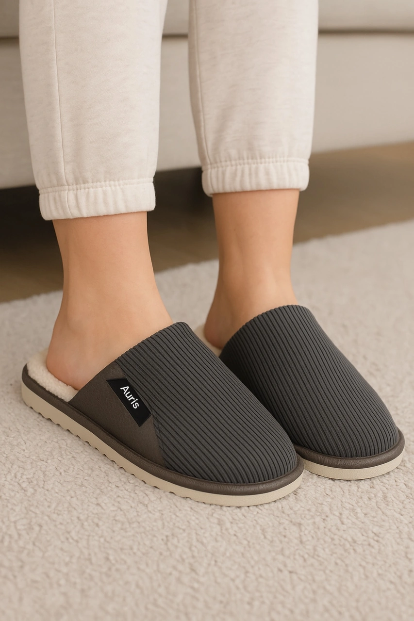 Ar-060 Unisex Kadife Kumaş İçi Kürklü Kışlık Ev Terliği Gri