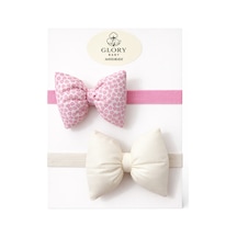 Pamuk Kız Bebek Fiyonk Bandana 2'li Set Ekru-pembe Kalp Ekru-pembe Kalp