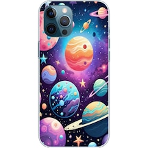 Apple Uyumlu iPhone 12 Pro Max  Uzay, Gezegen Ve Yıldız Desenli Baskılı Silikon Kılıf Renkli