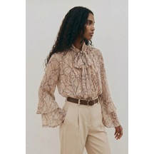 Sateen Desenli Fularlı Bluz - Kahve-137630