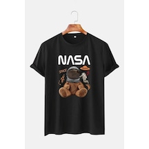 Tarzsokak Unisex Gri Ayıcık Nasa Baskılı Tshirt Siyah