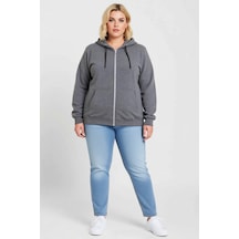 Ersefa Kadın Büyük Beden Sweatshirt Üç İplik İçi Şardonlu Kapüşonlu Tam Füme