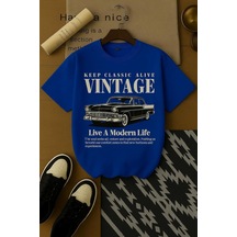 Vintage Baskılı Oversize Unisex Tişört Saks Mavisi