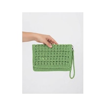 Myzumax El Örmesi Kadın Kağıt İp Portföy Çanta - 2 Bölmeli Mıknatıslı Bilek Askılı Bohem Clutch Yeşil