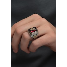 Kırmızı Taşlı Çiçek Motifli 925 Gümüş Erkek Yüzük