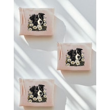 Çiçekli Köpek Baskılı 3'lü Makyaj Çantası 20x25 Cm - Kadın Doğum Günü Hediyesi Kadın Hediye Ürün