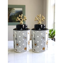 Dekoratif - 2'li Seramik Kapaklı Hasır Desen Silindir Gold sarı
