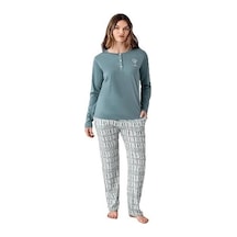 Arnetta Modal Pamuk Uzun Kol Sıfır Yaka Patlı Bayan Pijama Takım Yeşil
