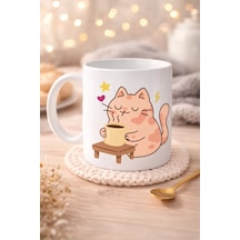 Sevimli Kedi Tasarımlı Porselen Kupa Model 196 Kahve İçen Kedi Baskılı Porselen Kahve Kupası Kedi Severlere Hediyelik Porselen Kupa Bardak 330 Ml Diğer