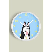Husky Köpek İllüstrasyonlu Modern Duvar Saati - Çocuk Odası Duvar Saati - 35cm - Önü Camlı Beyaz