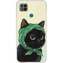 Redmi 9c / 10a Uyumlu Babushka Yeşil Başörtülü Siyah Kedi Baskılı Silikon Kılıf Renkli