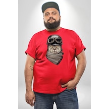 Angemiel Kasket Bandana Motorcu Kedi Kırmızı Büyük Beden Erkek Kadın Unisex Basic Ön Baskılı Tişört Kırmızı