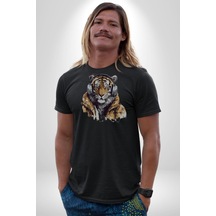 Müzik Dinleyen Kaplan İnsan Mont Unisex Unisex Siyah Organik Baskılı T-shirt Penye Yüksek Kalite Siyah