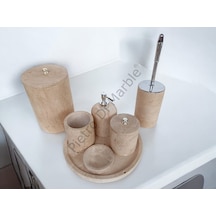 Sarı Traverten Klasik Model 7 Parça Gümüş Renk Düğme Aksesuarlı Banyo Seti Sarı Traverten