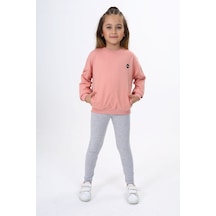 Toontoy Kids Toontoy Kız Çocuk 2'li Takım Baskılı Bisiklet Yaka Düşük Omuz Cepli Sweatshirt & Basic Düz Tayt Mercan