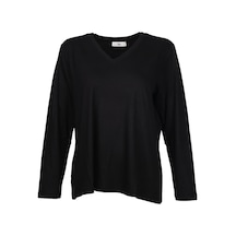 Faik Sönmez Kadın Oversize V Yaka Uzun Kol Minimalist T-shirt Siyah