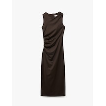 Koton Slim Fit Kolsuz Bisiklet Yaka Yırtmaçlı Drapeli Midi Elbise Kahverengi 6sak80024uk Kahve
