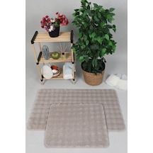 Modern Bubble Yıkanabilir Kaymaz Peluş Banyo Paspası Halısı 2'li Klozet Takımı 50x80-50x40cm Bej