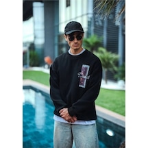 Erkek 3 İplik Pamuklu Bisiklet Yaka Ön Ve Arka Baskılı Sweatshirt - Siyah