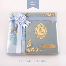 Seccade + Tesbih + Kuran Hediye Seti Orta Boy, Kadife, Açık Mavi, Lafzatullah
