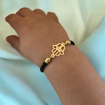 Ahmet İsmine Özel Siyah İpek Örgülü Hamsa Motifli 14 Ayar Altın Plakalı Hediye Bileklik-509isim Ahmet