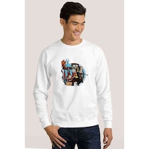 Rick Carton Baskılı Beyaz Erkek Örme Sweatshirt