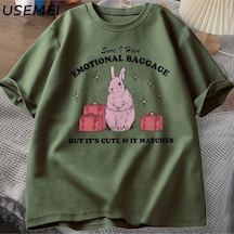 Flood Of Style Emin Ben Duygusal Bagaj Komik T Shirt Kadın Erkek Vintage Tavşan Tee Yaz K Yeşil