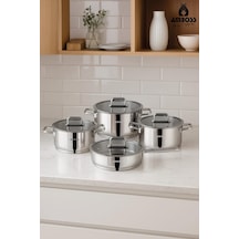 Nova 8 Parça Paslanmaz Çelik Cam Kapaklı Tencere Tava Seti