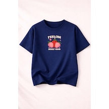 Herkesemoda Feelıng Baskı Detaylı Kadın Bisiklet Yaka Pamuklu T-shirt Lacivert