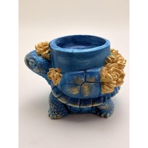 Kaplumbağa Çiçekli Tealight Mumluk Mavi Altın Reçine