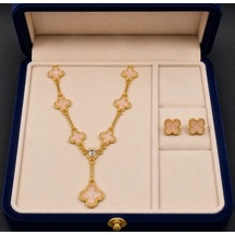 Yonca Detaylı Mineli Gold Pembe Renk 2'li Kolye Küpe Seti