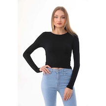 Kadın Crop Pamuklu Basiç T-shirt -siyah-siyah