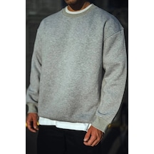 Kışlık Bisiklet Yaka Üç İplik Basic Sweatshirt - Gri Siyah
