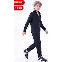 Panios Kids Erkek Çocuk Düz Basic Fermuarlı Dik Yaka Çift Cepli Eşofman Takımı Siyah