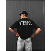 Tarzsokak Erkek Siyah Interpol Baskılı Oversize Pamuklu Bisiklet Yaka T-shirt Siyah