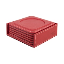 Bardak Altlığı,6 Lı Set,masaüstü Yuvarlak Cup Coaster,vegan Suni Deri,11x11 Cm.,kırmızı Kırmızı