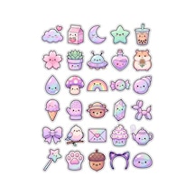 30 Adet Pastel Tatlı Figürler Sticker Seti - Laptop Defter Telefon İçin Çok Renkli