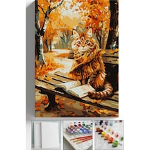 Sayılarla Boyama Seti Numaralı Tuval Fırça Boya Askı Aparatı Dahil Set 40x50 Cm - Sonbahar Kitaplı Kedi