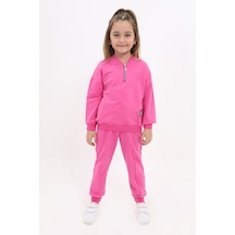 Toontoy Kids Kız Çocuk 2'li Takım Baskılı Kolej Yaka Fermuarlı Cepli Sweatshirt & Beli Paçası Ribanalı Jogger Eşofman Altı - Nervürlü & 2 İplik Fuşya
