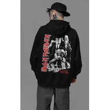 Sevbano Iron Maiden Müzik Grubu Baskılı Unisex Oversize Rock Metal Hoodie Siyah