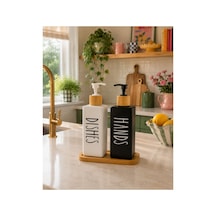 Buççin Online Mağaza Bambu Altlıklı İkili Kare Cam Sıvı Sabunluk Deterjan Seti 500ml+500ml Cam Beyaz Çok Renkli