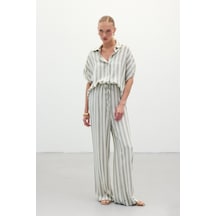 Sateen Çizgili Keten Karışımlı Pantolon - Haki-136315 Haki