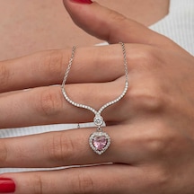 Gümüş Pembe Zirkon Taşlı Kalp Kadın Kolye Çok Renkli