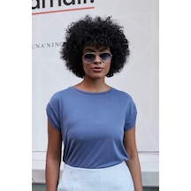 Jument Kadın Modal Penye Geniş Sıfır Yaka Düşük Omuzlu Apoletli Kısa Kol T-shirt Bluz-indigo İndigo