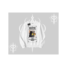Tarzsokak Wanted Temalı Kedi Baskılı Biskilet Sweatshirt Beyaz