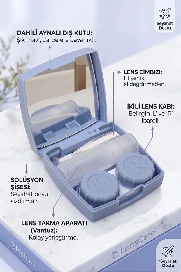 Aynalı Lens Kutusu - 5 Parça Pratik Seyahat Seti Açık Mavi